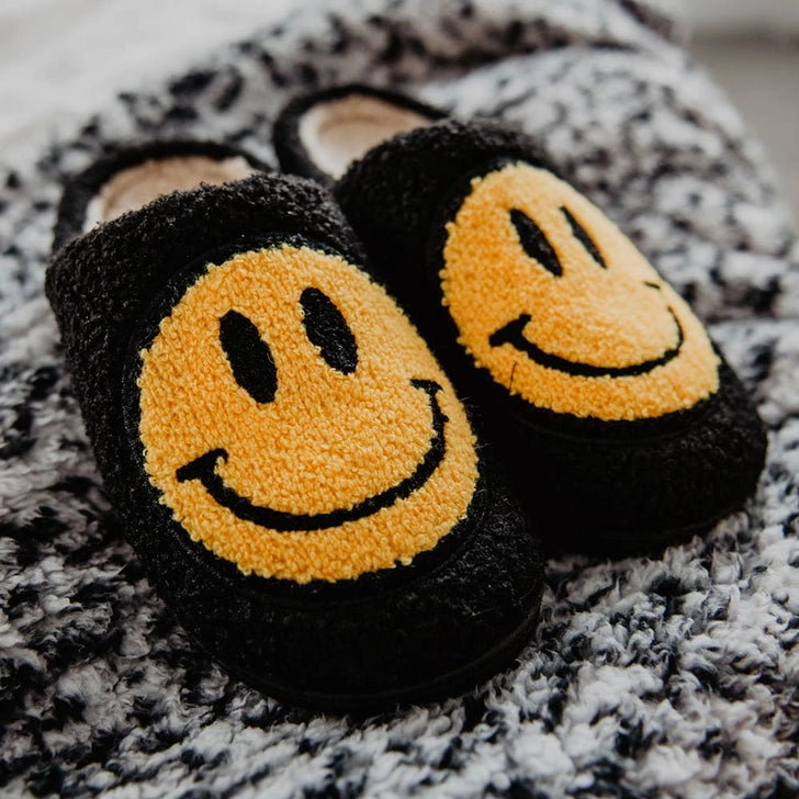Black Classic Happy Face Fuzzy Slippers