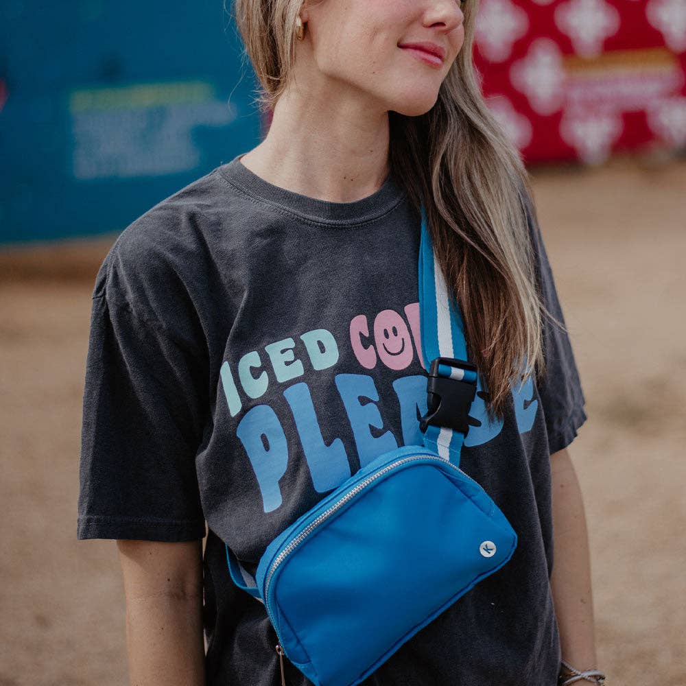 Blue Solid Fanny Pack with Striped Strap