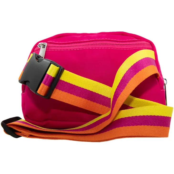 Hot Pink Solid Belt Bag with Striped Strap
