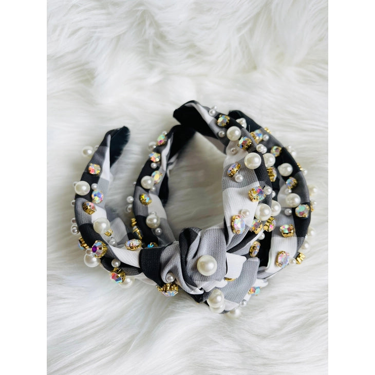 Black and White Gingham Embellished Headband