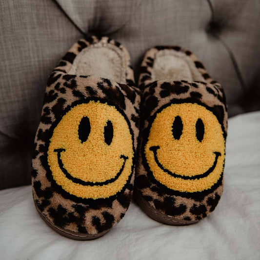 Leopard Happy Face Fuzzy Slippers