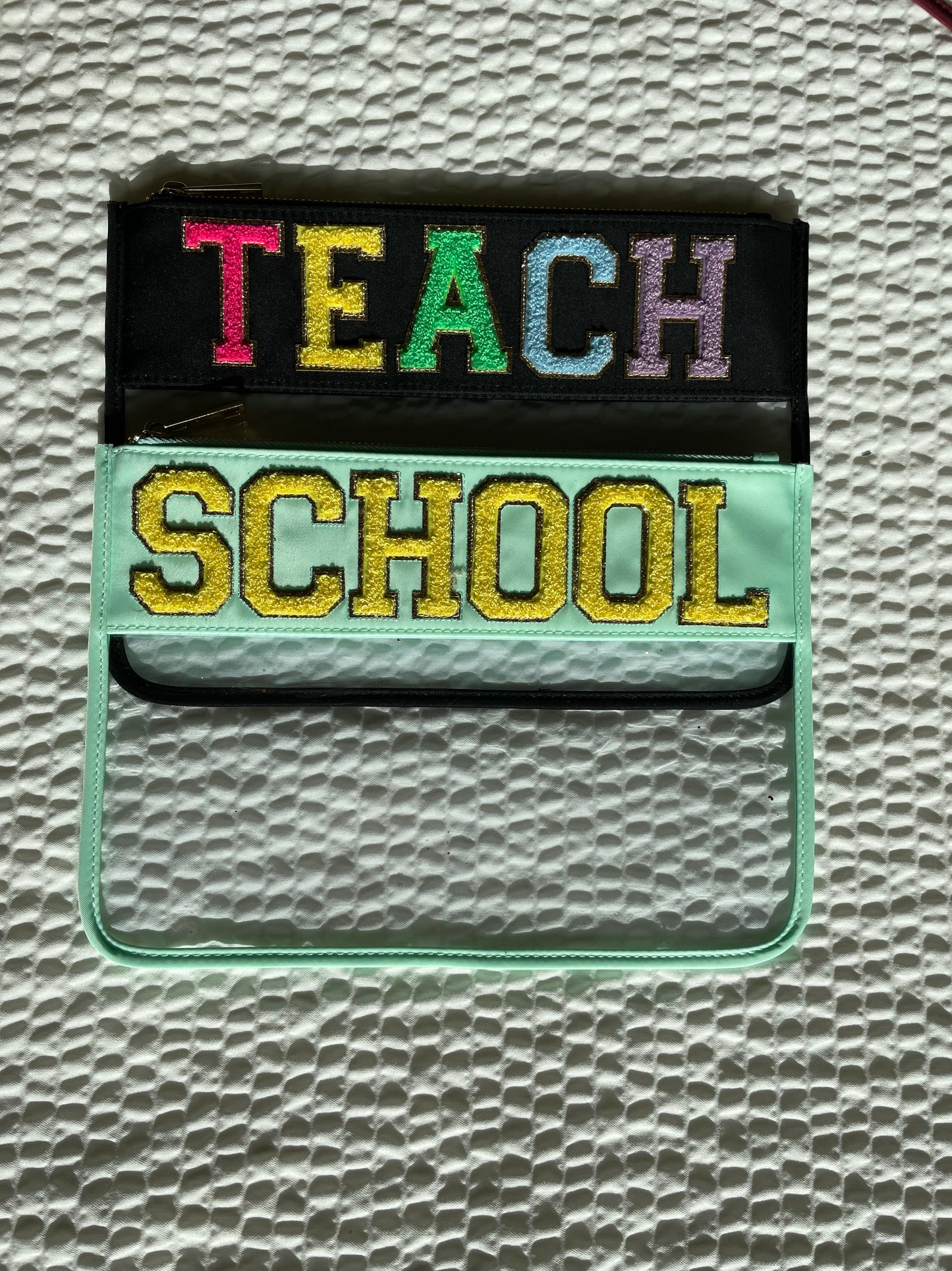 Too Cool for School Chenille Letter Clear Pouch